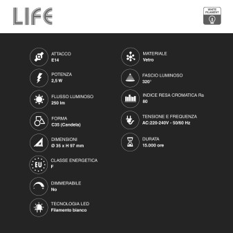 Life Lampadina LED E14 2,5W Candela C35 Filament Bianco