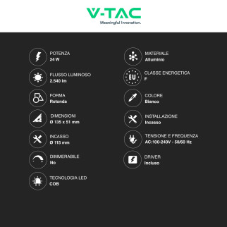 V-Tac Faretto LED COB 24W Incasso Rotondo CCT Bianco