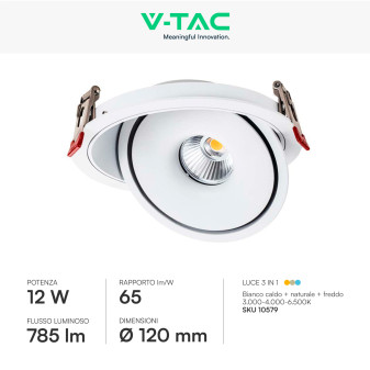 V-Tac Faretto LED COB 12W Incasso Rotondo Orientabile CCT