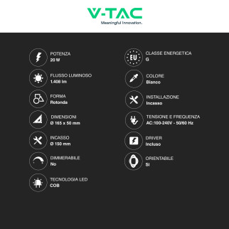 V-Tac Faretto LED COB 20W Incasso Rotondo Orientabile CCT