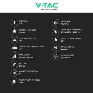 V-Tac VT-2503 Applique LED 2W COB IP54 Doppio Fascio Luminoso
