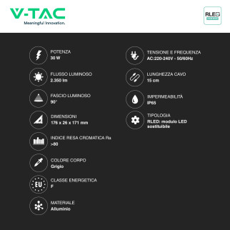 V-Tac VT-44030CCT Faro LED 30W SMD IP65 Led Sostituibili