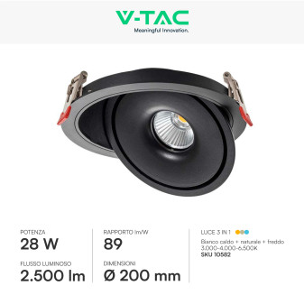 V-Tac Faretto LED COB 28W Incasso Rotondo Orientabile CCT