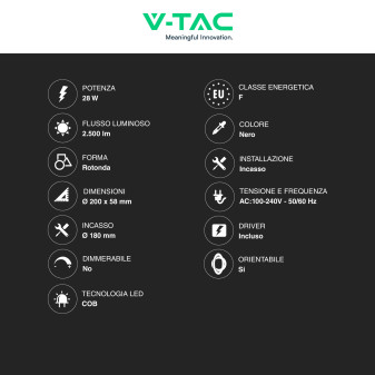 V-Tac Faretto LED COB 28W Incasso Rotondo Orientabile CCT
