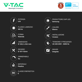 V-TAC PRO VT-61006 Mini Pannello LED Rotondo 6W SMD da Incasso