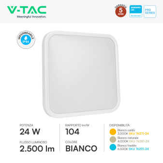 V-Tac VT-8624 Plafoniera LED Quadrata 24W SMD Chip Samsung IP44