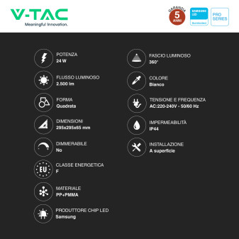 V-Tac VT-8624 Plafoniera LED Quadrata 24W SMD Chip Samsung IP44