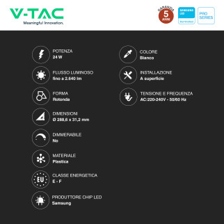 V-Tac Pro VT-60024 Mini Pannello LED Rotondo 24W SMD Chip Samsung