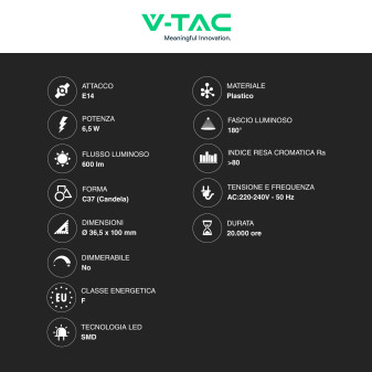 V-Tac VT-268 Lampadina LED E14 6,5W Candela C37 SMD