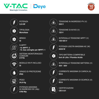 V-Tac Inverter Monofase Ibrido On-Grid / Off-Grid 3,6kW IP65