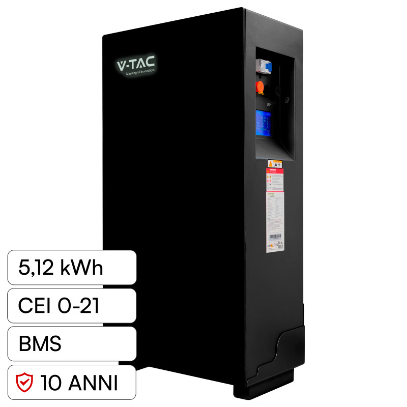 V-Tac Batteria BMS LiFePO4 51,2V 100Ah 5,12kWh Garanzia 10 Anni Nero