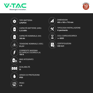 V-Tac Batteria BMS LiFePO4 51,2V 100Ah 5,12kWh Garanzia 10 Anni Nero
