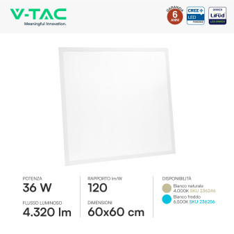 Pannello LED Quadrato 36W SMD CREE con Driver LiFud V-Tac Pro