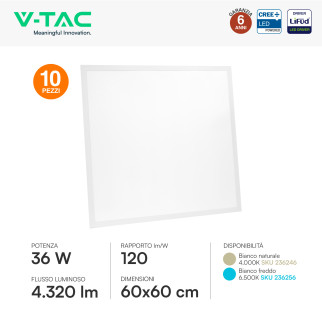 10 Pannelli LED Quadrati 36W SMD CREE con Driver LiFud V-Tac Pro