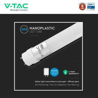 Tubo LED T8 G13 20W SMD CREE Nano-Plastic 150cm con Starter V-Tac