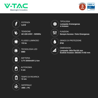 Lampada LED Uscita di Emergenza 3,8W SMD CREE IP40 V-Tac