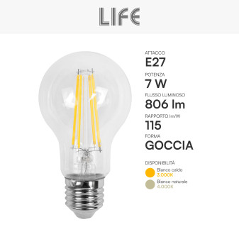 Life Lampadina LED E27 7W Goccia A60 Filament in Vetro Trasparente
