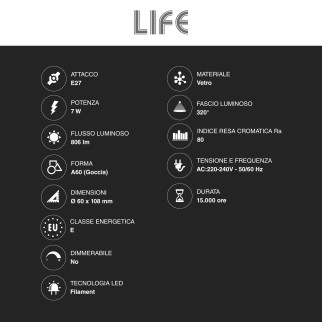 Life Lampadina LED E27 7W Goccia A60 Filament in Vetro Trasparente