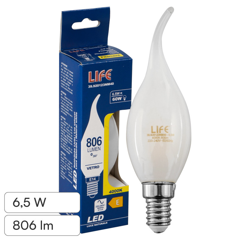 Lampadina LED E14 6,5W Candela Fiamma Filament in Vetro Bianco