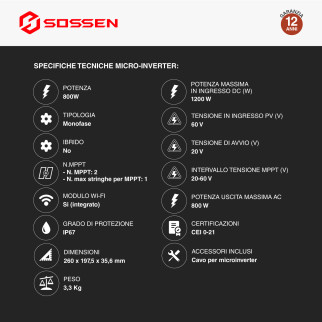 Sossen Kit da Balcone 4 Pannelli Solari + Microinverter CEI 0-21