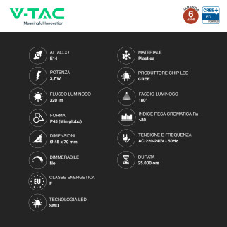 V-Tac VT-1819 Lampadina LED E14 3,7W MiniGlobo P45 SMD Chip CREE
