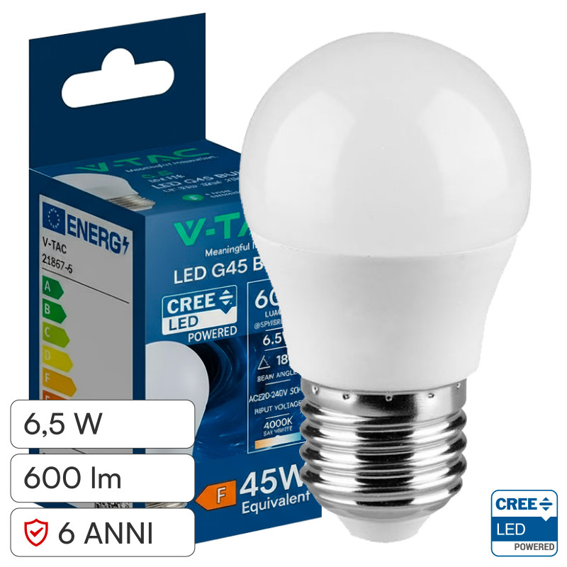 V-Tac VT-270 Lampadina LED E27 6,5W MiniGlobo G45 SMD Chip CREE