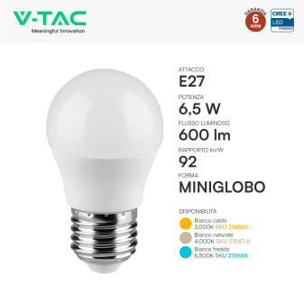 V-Tac VT-270 Lampadina LED E27 6,5W MiniGlobo G45 SMD Chip CREE