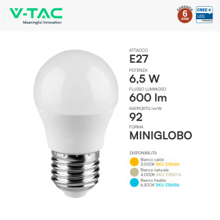 V-Tac VT-270 Lampadina LED E27 6,5W MiniGlobo G45 SMD Chip CREE
