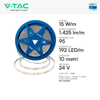 V-Tac Striscia LED Flessibile 15W/m 3in1 SMD Chip CREE 24V 10m