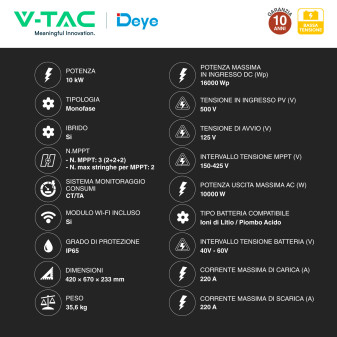 V-Tac Deye Inverter Monofase Ibrido On-Grid / Off-Grid 10kW IP65