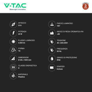Tubo LED SMD T8 G13 24W Nano-Plastic 150cm con Starter V-Tac