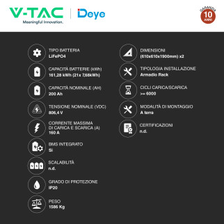 V-Tac Kit 21 Batterie BMS Stack LiFePO4 161,28kWh CEI 0-21 e CEI 0-16