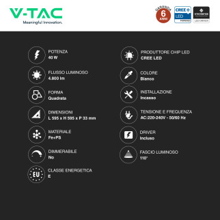 V-Tac VT-61044 10 Pannelli LED CREE Quadrato 60x60 40W