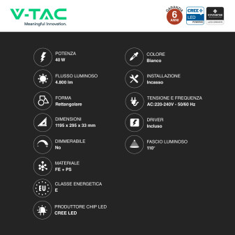 V-Tac VT-61045 Pannello LED CREE Rettangolare 120x30 40W