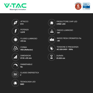 V-Tac VT-250 Lampadina LED E14 4,8W Reflector R50 Chip CREE