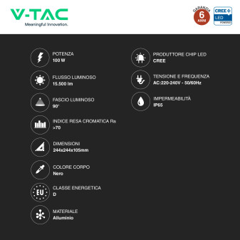 V-Tac VT-91102 Lampada Industriale LED UFO 100W SMD Chip CREE High Bay