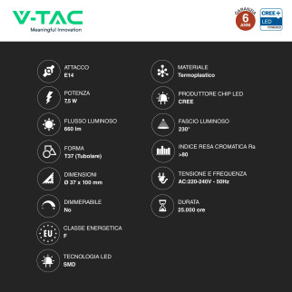 V-Tac VT-248 Lampadina LED E14 7,5W Tubolare T37 SMD Chip CREE