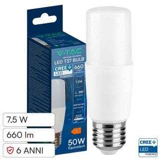V-Tac VT-237 Lampadina LED E27 7,5W Tubolare T37 SMD Chip CREE