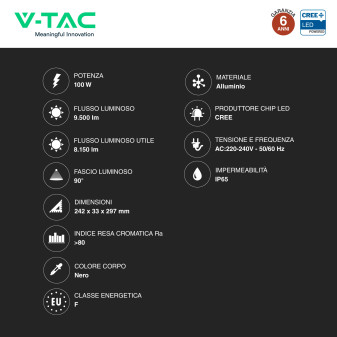 V-Tac VT-44110CCT Faro LED 100W SMD CREE IP65 IK06 CCT 3in1