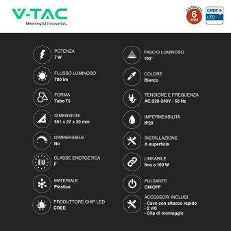V-Tac VT-065 Plafoniera LED Lineare T5 7W SMD Chip CREE Linkabile