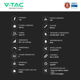 V-Tac VT-065 Plafoniera LED Lineare T5 7W SMD Chip CREE Linkabile