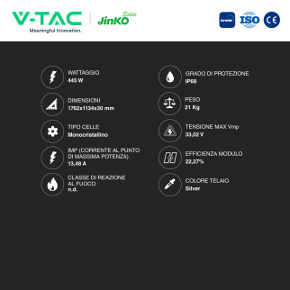 Pannelli Solari Fotovoltaici 445W TIER 1 TOPCon IP68 V-Tac Jinko