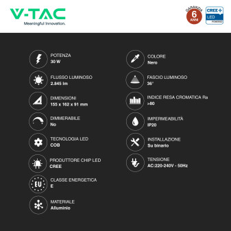 V-Tac VT-11130 Faretto LED da Binario Track Light COB Chip CREE