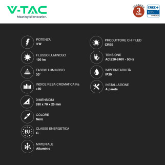 V-Tac VT-88063 Lampada LED da Muro 3W SMD Applique da Lettura
