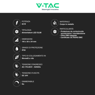 V-Tac VT-24062-S Alimentatore Led Slim 60W 24V 2,5A Per Uso Interno