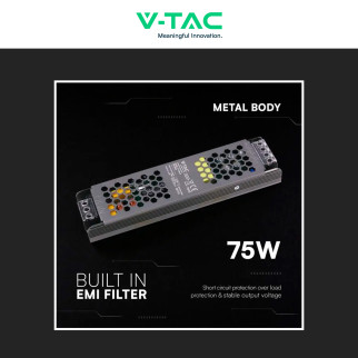 V-Tac VT-13075-S Alimentatore Led Slim 75W 12V 6,25A Per Uso Interno