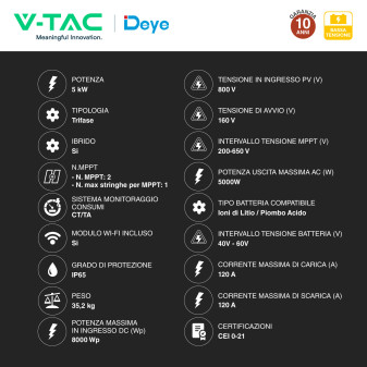 V-Tac Deye Inverter Trifase On-Grid / Off-Grid 5kW IP65
