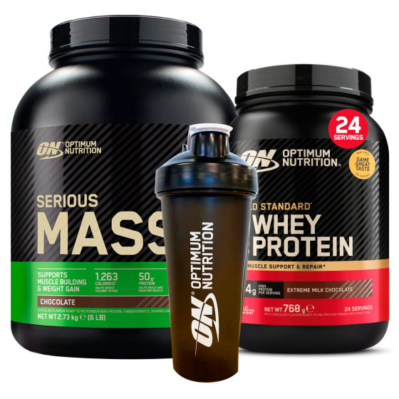 Serious Mass e Gold Standard Whey Cioccolato Shaker Optimum Nutrition