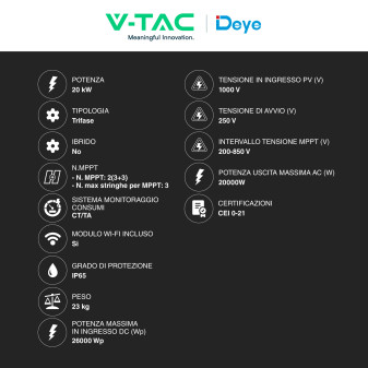 V-Tac Deye Inverter Trifase On-Grid 20kW IP65 CEI 0-21