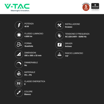 V-Tac VT-61042CCT Pannello LED SMD Quadrato 60x60 40W